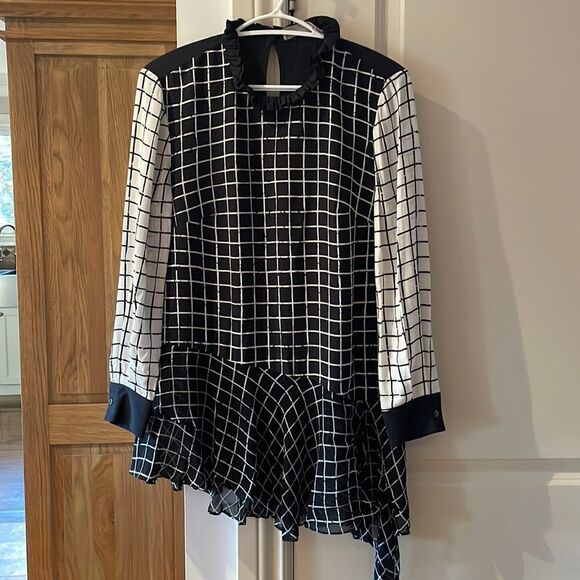 Preen line high ruffle neck asymmetrical hem grid print blouse small - Picture 3 of 9